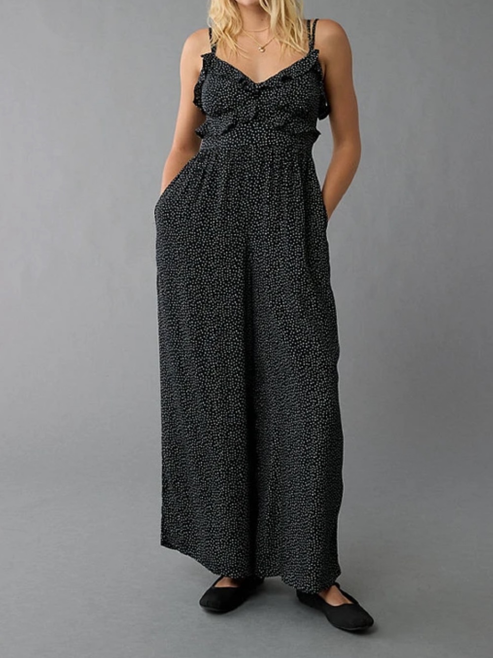 America Eagle Wide Leg Polka Dot Ruffle Jumpsuit Size Large